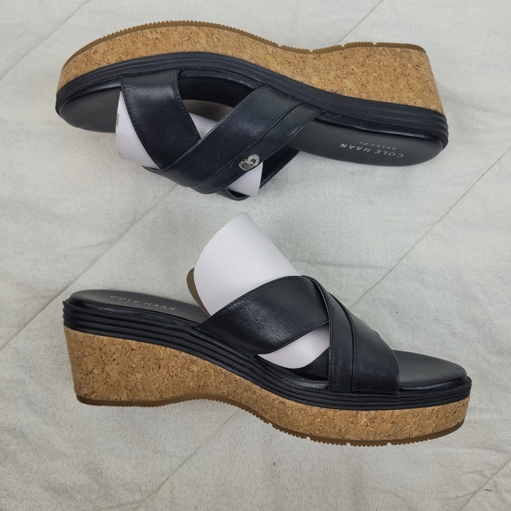 Cole Haan black leather cross design wedge sandals cork platform heel minimal 6 - Picture 7 of 12
